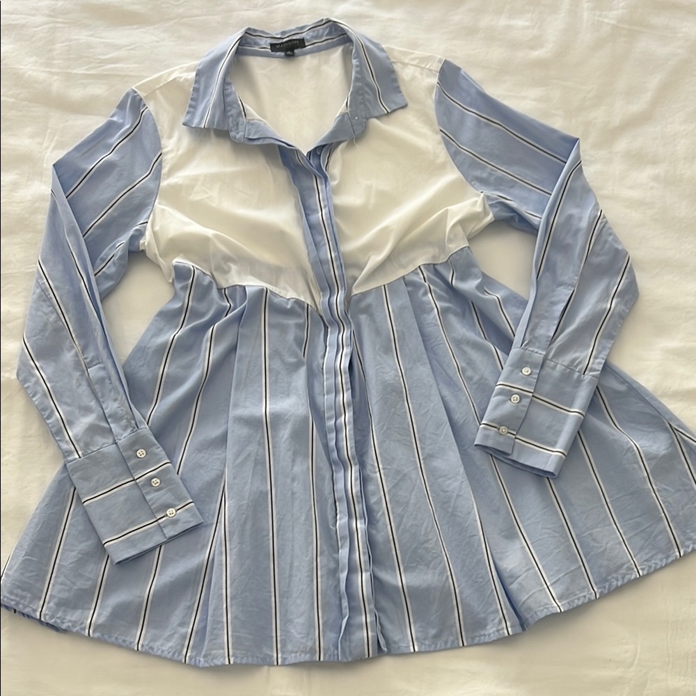 Striped Blue & White Panel Button-Up Blouse
